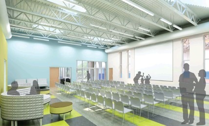 Modern conference room featuring rows of chairs