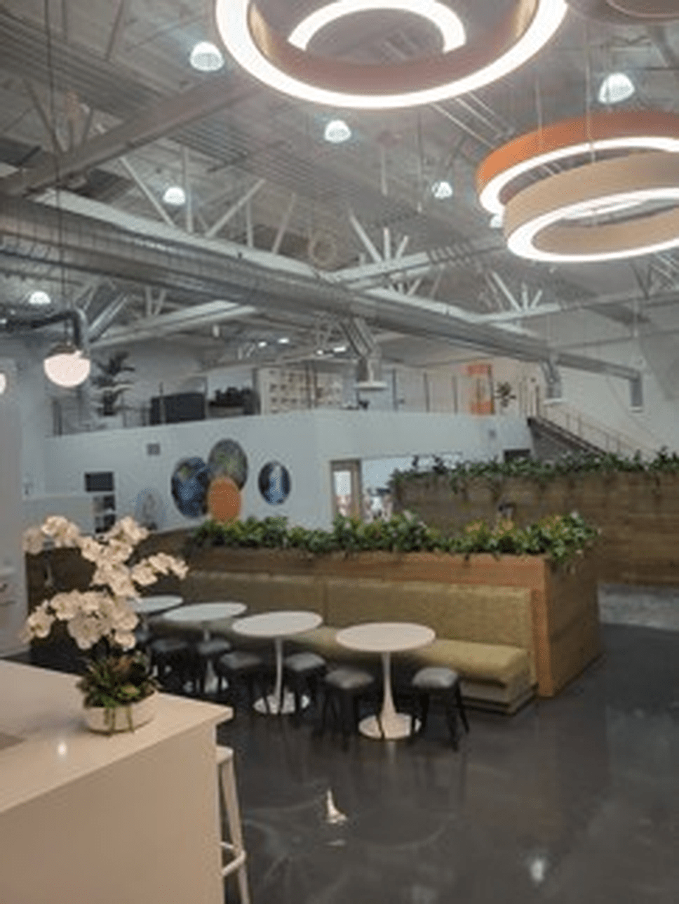 Modern office lounge featuring circular light fixtures